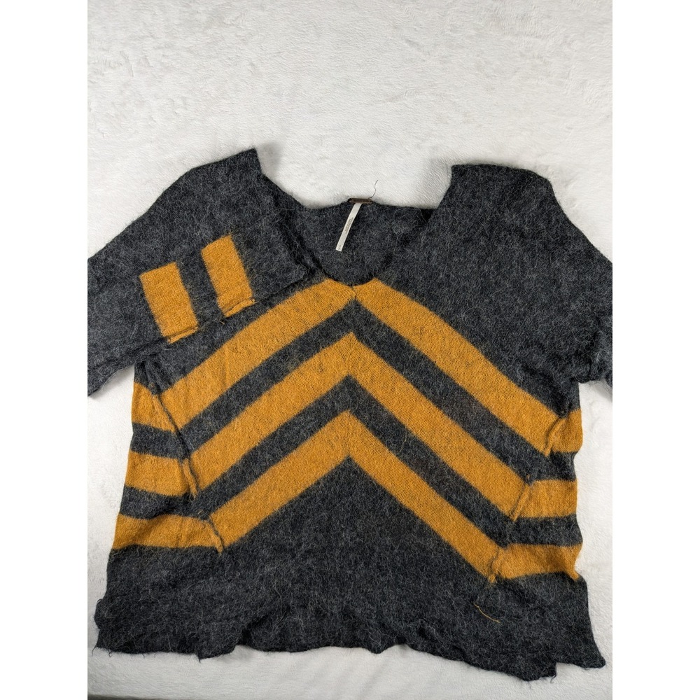 Free People Women's Gray Gold Mohair Blend Knit Sweater Chevron Pullover Top